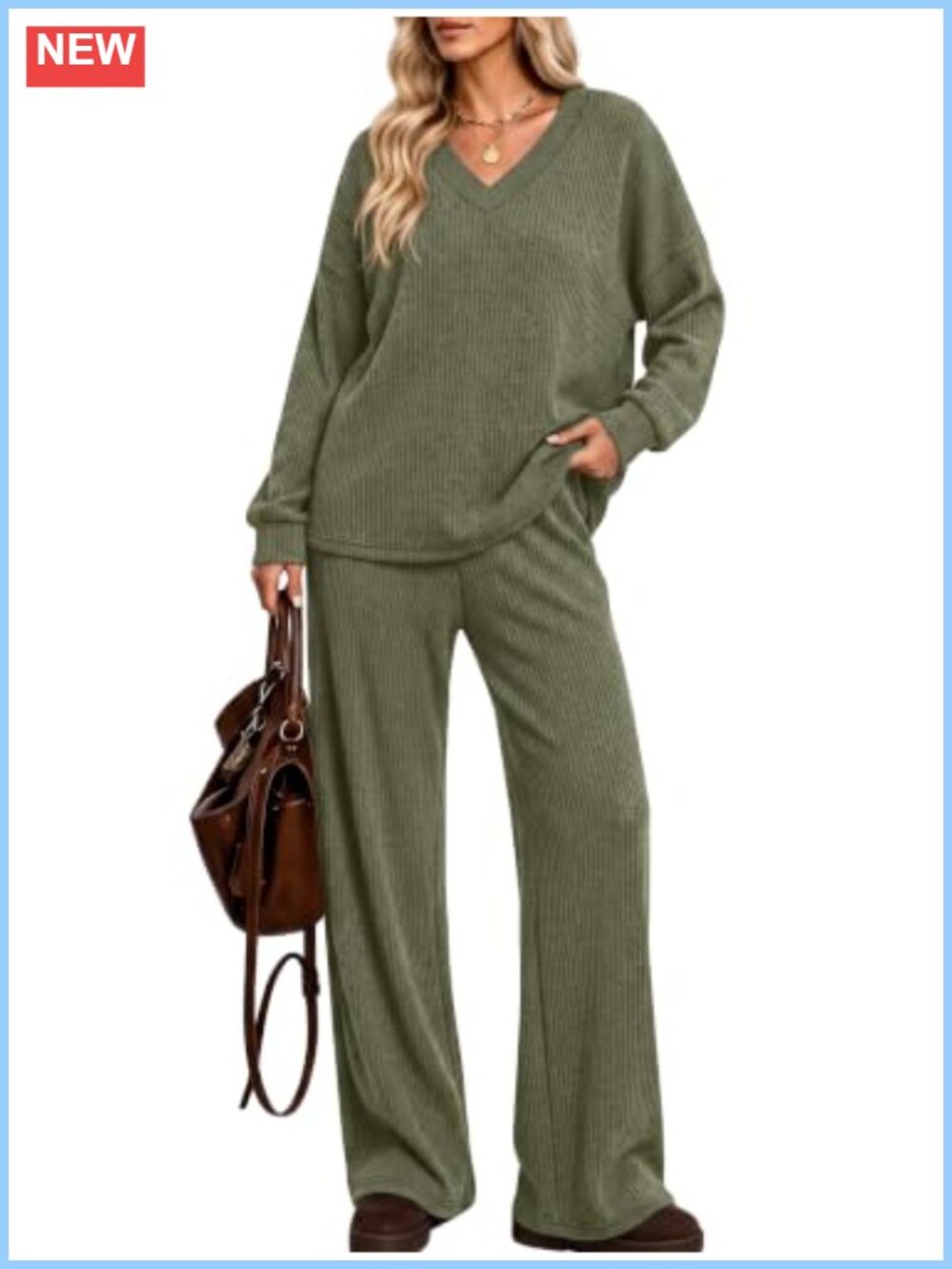 Ribbed Knit V Neck Long Sleeve Wide Leg Lounge Set Two Piece